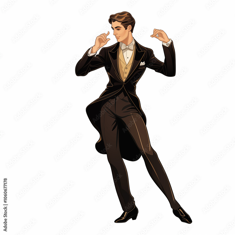 Stylish cartoon character in elegant formal wear dancing gracefully in a festive atmosphere Stylish cartoon character in elegant formal wear dancing gracefully in a festive atmosphere