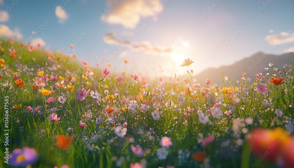 Visual representation of a vibrant green meadow bursting with colorful flowers dancing in the warm sunlight beneath a clear sky, embodying the joyful and tranquil essence of summer Visual representation of a vibrant green meadow bursting with colorful flowers dancing in the warm sunlight beneath a clear sky, embodying the joyful and tranquil essence of summer