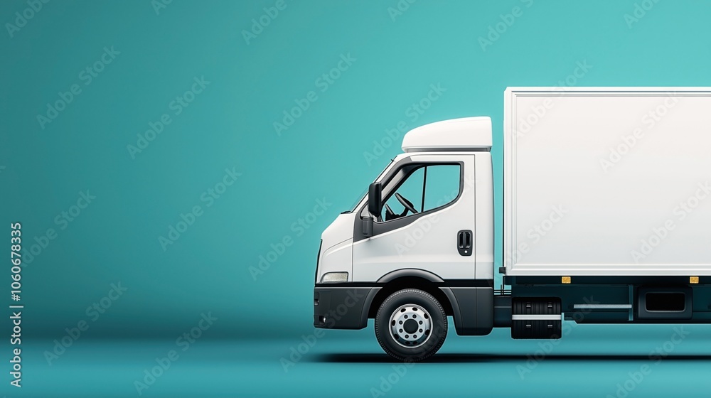 Side view of a white delivery truck against a plain teal background, showcasing the vehicle's cab and cargo compartment design. Side view of a white delivery truck against a plain teal background, showcasing the vehicle's cab and cargo compartment design.