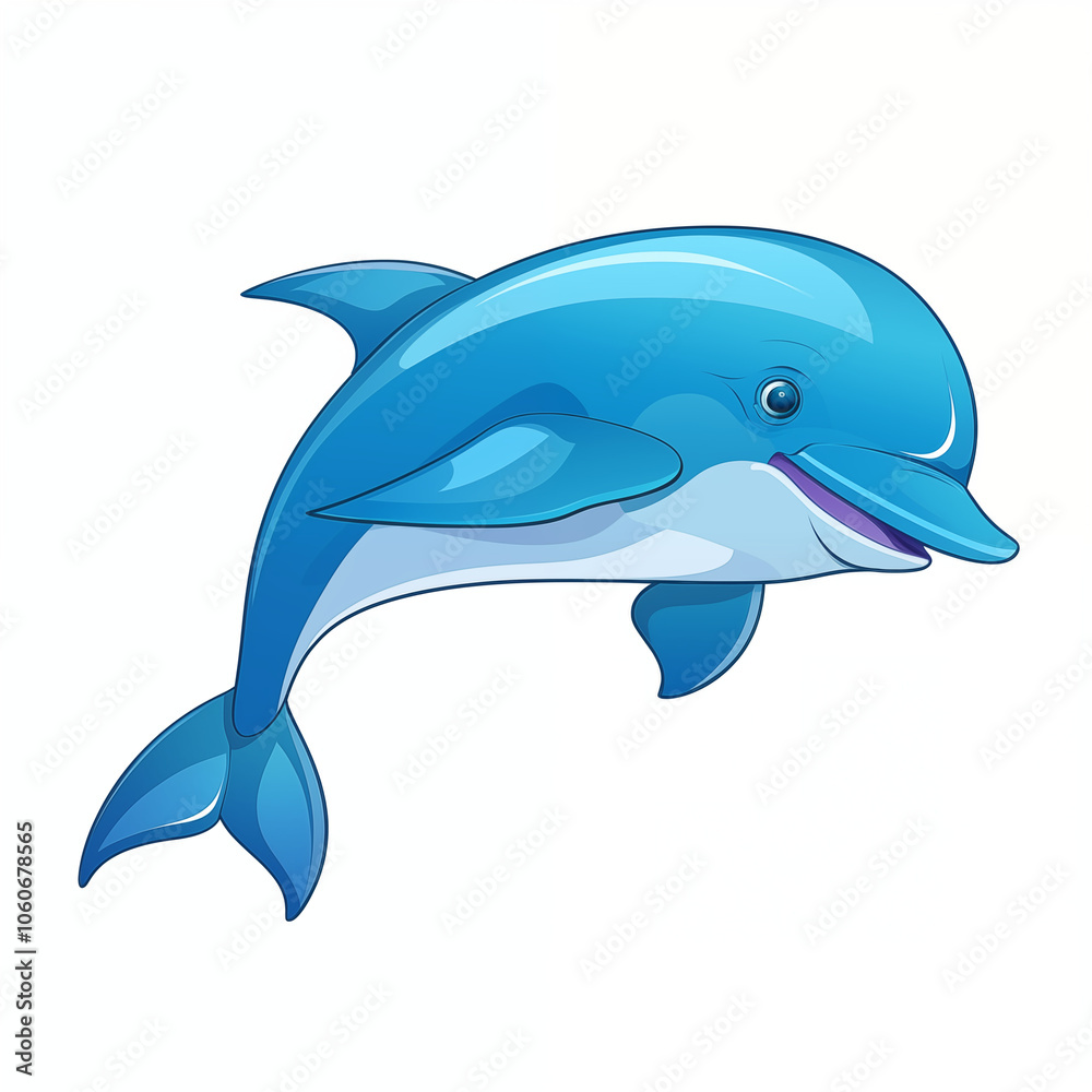 Obraz premium A cheerful blue cartoon dolphin swimming happily in a bright ocean environment