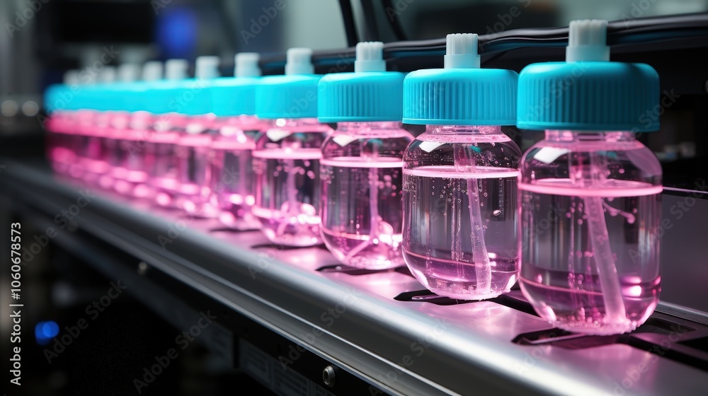 A row of pink liquid filled bottles with blue caps on a metallic conveyor belt A row of pink liquid filled bottles with blue caps on a metallic conveyor belt