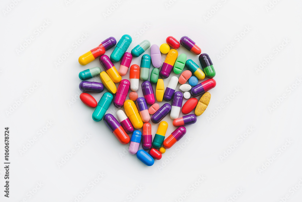 A group of multicolored pills on light background forming a heart shape, symbolizing the connection between health and medicine. A group of multicolored pills on light background forming a heart shape, symbolizing the connection between health and medicine.