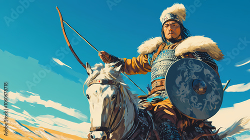 Mongol warrior in leather armor with a fur-lined hat, carrying a bow and a small round shield, riding across an open steppe under a clear, bright blue sky. Mongolian Steppe Nomads. Illustration photo