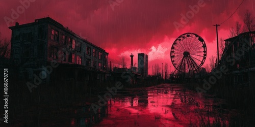 A Ruined Cityscape Under a Crimson Sky with a Ferris Wheel photo