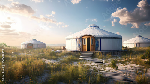 Modern yurt with innovative architecture.;. Mongolian Steppe Nomads. Illustration photo