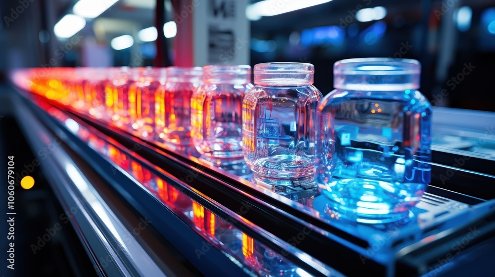 A row of glass jars illuminated by red and blue lights, creating a mesmerizing pattern on the conveyor belt. A row of glass jars illuminated by red and blue lights, creating a mesmerizing pattern on the conveyor belt.
