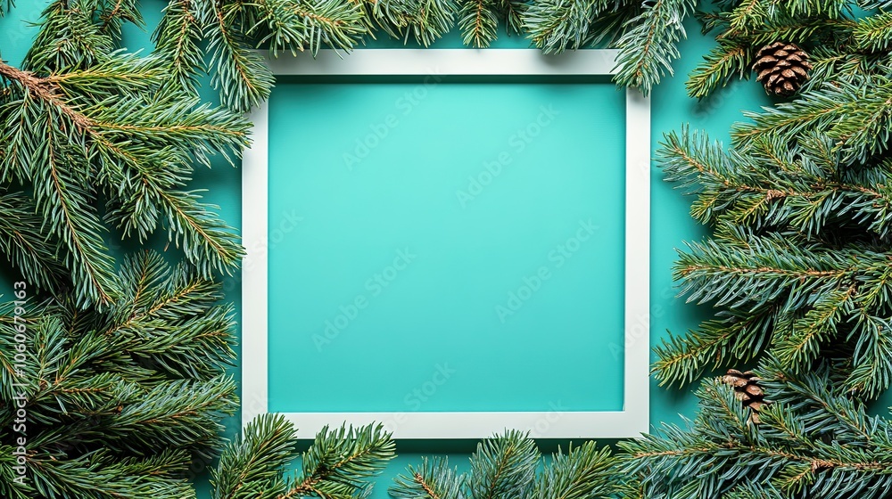 Fir branches frame with central teal copy space Fir branches frame with central teal copy space