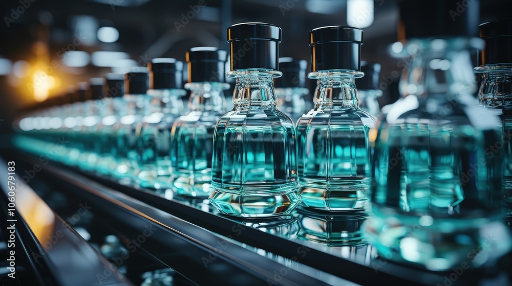A line of glass bottles with teal liquid on a conveyor belt in a factory setting. A line of glass bottles with teal liquid on a conveyor belt in a factory setting.