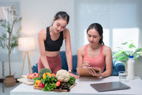 Young nutritionist helping her client create a personalized meal plan using fresh vegetables and other healthy ingredients, promoting a balanced diet and healthy lifestyle