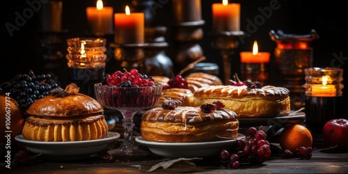 A table set with rustic charm, featuring warm candlelight, freshly baked pastries, and a bowl of vibrant red berries, creating a scene of cozy indulgence.