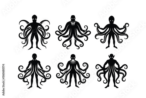 Stylized Octopus Icons Set, Intricate Vectors Silhouettes with Swirling Tentacle Designs logos isolated photo