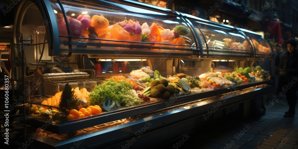 A vibrant display of fresh produce illuminates the night market, with an array of colorful fruits and vegetables under the glow of fluorescent lights. A vibrant display of fresh produce illuminates the night market, with an array of colorful fruits and vegetables under the glow of fluorescent lights.