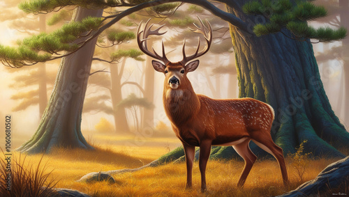 Nature wildlife scene with majestic brown deer in forest wild animals portrait in wilderness beautiful male stag with antlers standing alert in autumn landscape among pine trees and grass