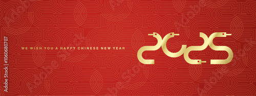 Happy Chinese New Year 2025 ultra modern gold snake design numbers typography, label, logo for 2025 year with patern of blended line in shapes 2025 in red background greeeting card.ai