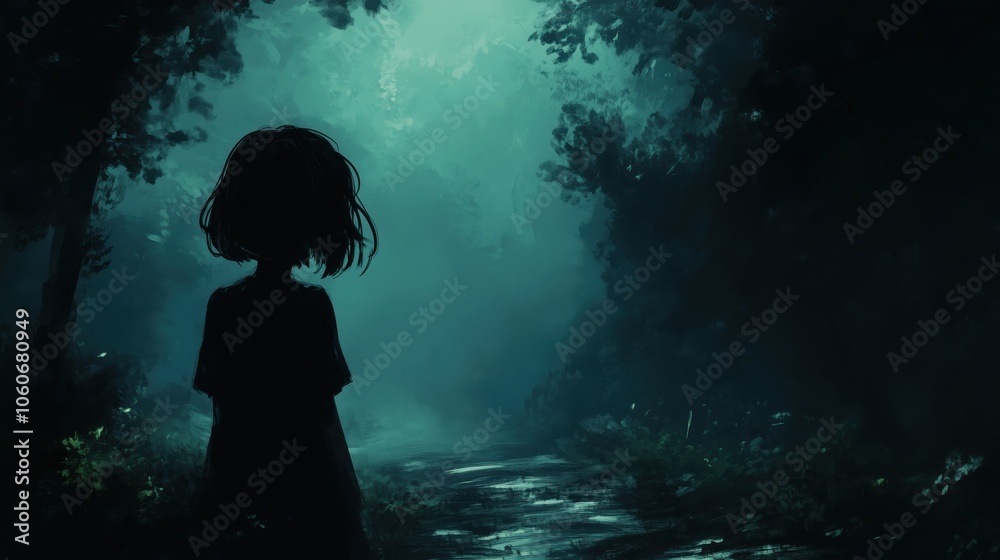 Silhouette of a child walking in a dark forest path Silhouette of a child walking in a dark forest path