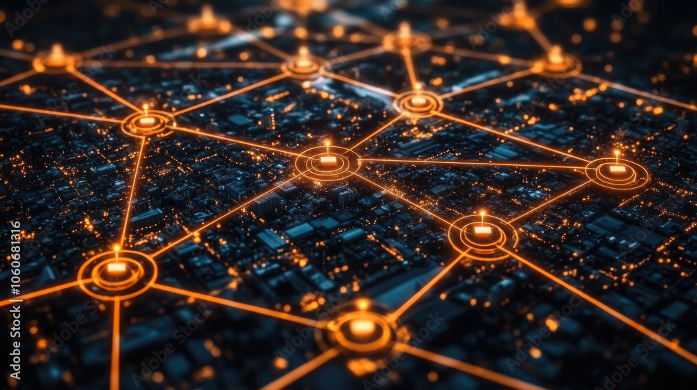 Obraz premium The urban landscape glows with orange lights, illustrating a complex network that emphasizes connectivity and infrastructure at night