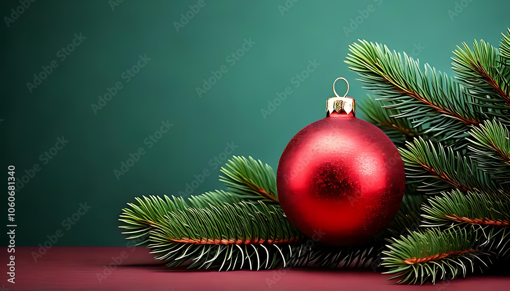 red bauble sits among branches green christmas fir tree muted background color red bauble sits among branches green christmas fir tree muted background color