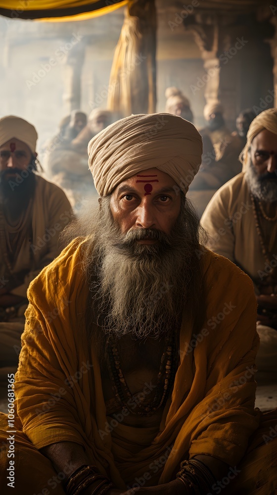 A cinematic shot of an Indian sadhu sitting in front of other similar men, with his turban and beard A cinematic shot of an Indian sadhu sitting in front of other similar men, with his turban and beard