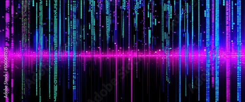 Digital matrix, vertical data streams, cyberpunk aesthetic, neon colors, blue and purple hues, binary code, glowing lines, abstract technology background, futuristic interface, digital rain effect, co