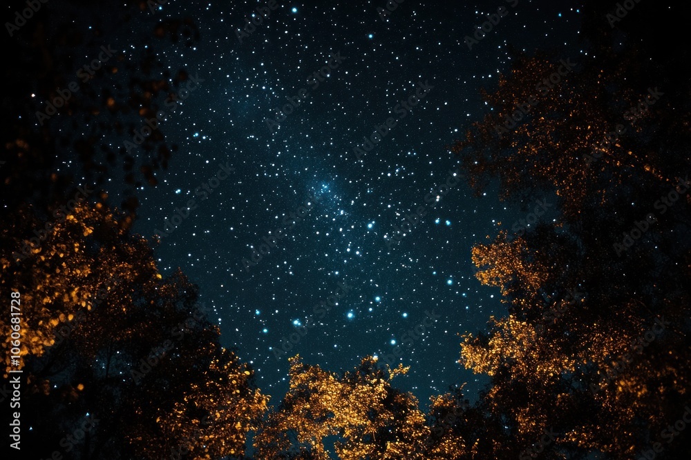 A night sky full of stars is seen through the silhouette of trees. A night sky full of stars is seen through the silhouette of trees.
