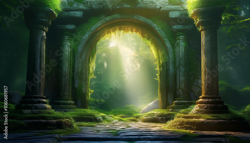 Magic stone gate with light coming through pillars. Old arch. Mysterious portal to another world.