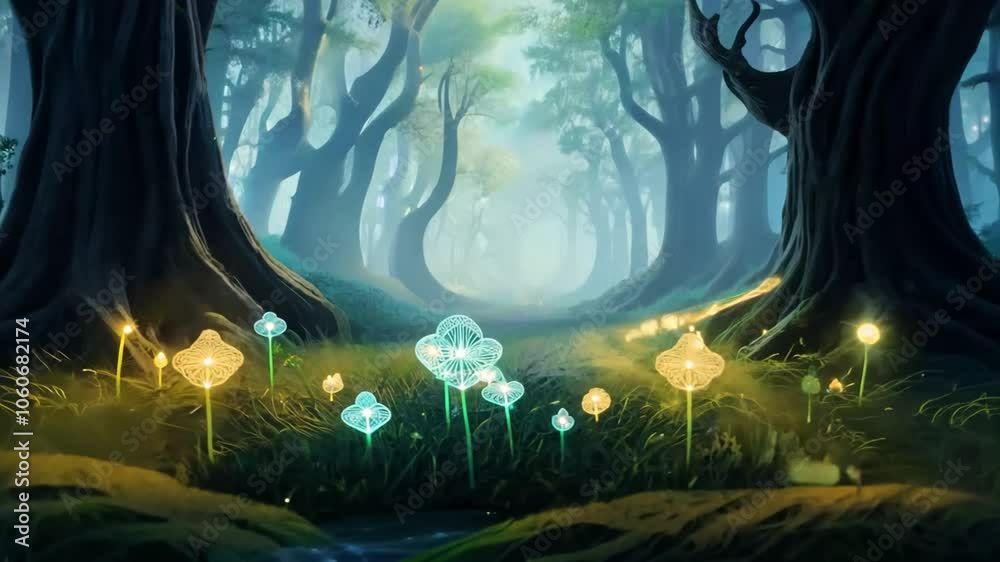 ambient fantasy Enchanted looping 4k Atmospheric created fairy glowing bokeh seamless video floating lights forest animation magic ambience atmosphere red lilac crimson tree wood nature zen meditatio