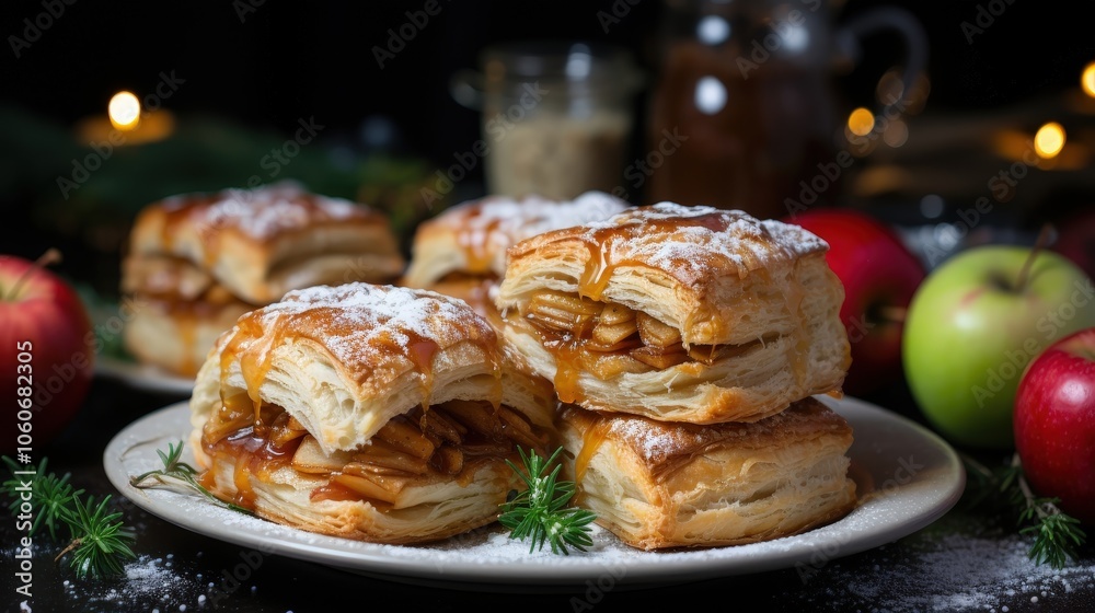 Warm Caramel Apple Pastries Drizzled with Sweet Glaze, Dusted with Powdered Sugar and Served on a White Plate Warm Caramel Apple Pastries Drizzled with Sweet Glaze, Dusted with Powdered Sugar and Served on a White Plate