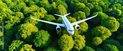 Aerial view, passenger airplane, flying over lush green forest, treetop canopy, verdant landscape, bird's eye perspective, environmental conservation, white aircraft, symmetrical composition, vibrant 