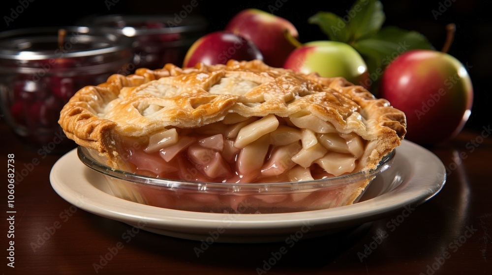 A slice of apple pie with a flaky crust and a sweet, juicy filling, sitting on a white plate and ready to be devoured