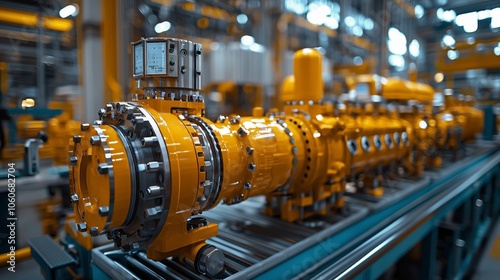 Detailed industrial machinery with orange components in a modern factory setting, highlighting engineering and manufacturing precision.