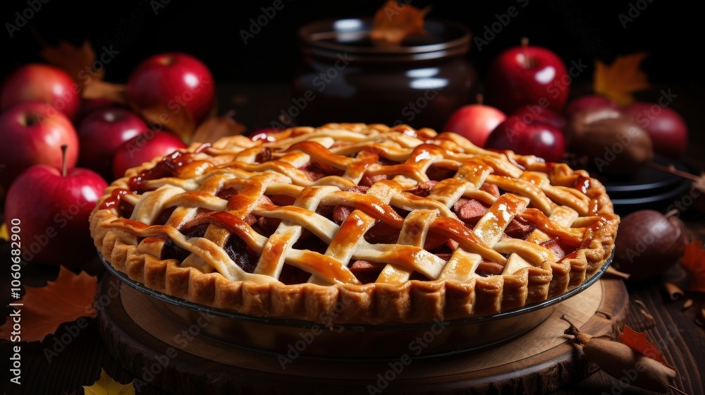 A Golden Lattice-Topped Apple Pie Resting on a Wooden Slab Surrounded by Fallen Autumn Leaves and Red Apples A Golden Lattice-Topped Apple Pie Resting on a Wooden Slab Surrounded by Fallen Autumn Leaves and Red Apples
