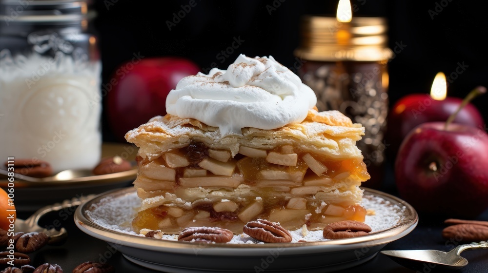 A freshly baked apple strudel with a generous dollop of whipped cream, dusted with powdered sugar and surrounded by pecan halves, nestled on a gold-trimmed plate A freshly baked apple strudel with a generous dollop of whipped cream, dusted with powdered sugar and surrounded by pecan halves, nestled on a gold-trimmed plate