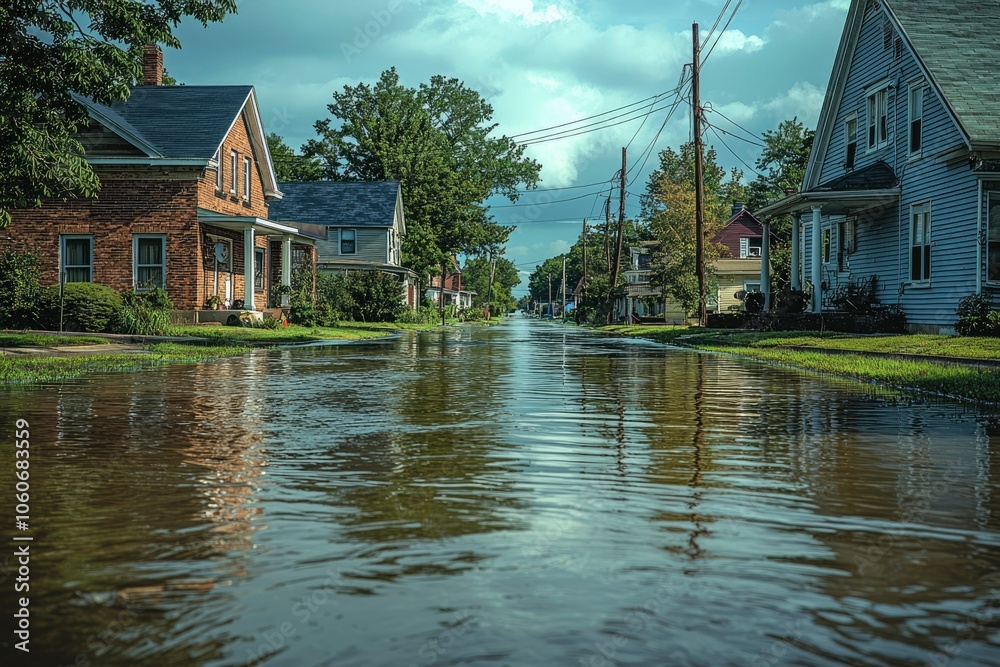 Obraz premium Flooded Street in a Residential Neighborhood with Houses on Either Side