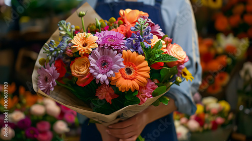 Luxury Bouquet of Mixed Flowers: A beautiful, luxurious bouquet of mixed flowers held by a woman, highlighting the floristic craftsmanship involved in flower shop work. #1060683920