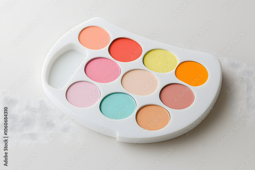 Palette of pastel eyeshadows with soft, circular colors on a plastic tray Palette of pastel eyeshadows with soft, circular colors on a plastic tray