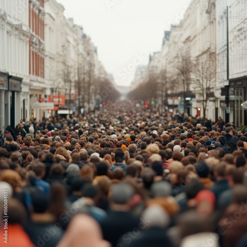 A large crowd of people gathered in a city street, walking towards a red light.