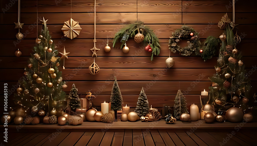 Obraz premium christmas decorations brown wooden wall add warmth festivity room holiday season