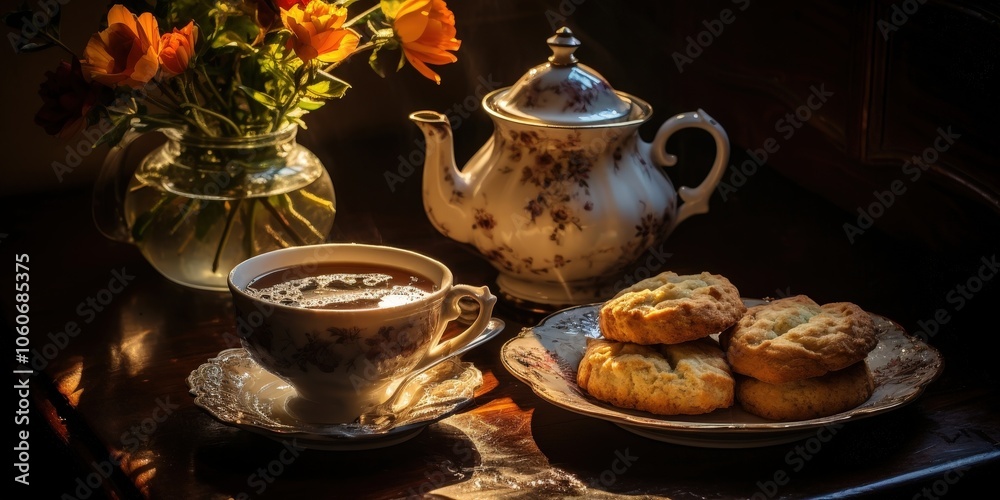 A steaming cup of tea, a teapot, and freshly baked cookies create a warm and inviting scene on a wooden table illuminated by a shaft of sunlight. A steaming cup of tea, a teapot, and freshly baked cookies create a warm and inviting scene on a wooden table illuminated by a shaft of sunlight.