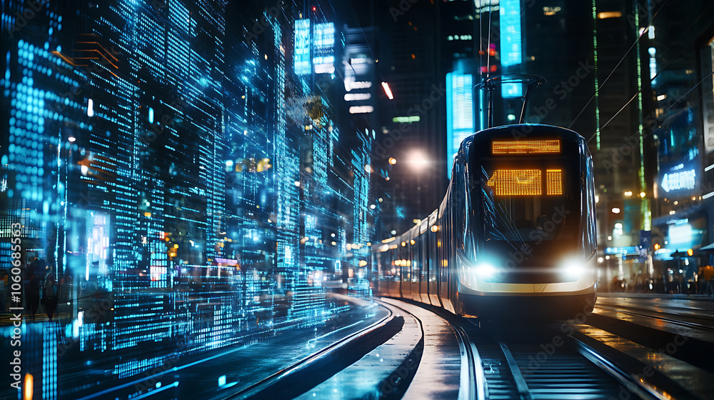 Modern tram illuminated at night with digital displays and city lights Modern tram illuminated at night with digital displays and city lights