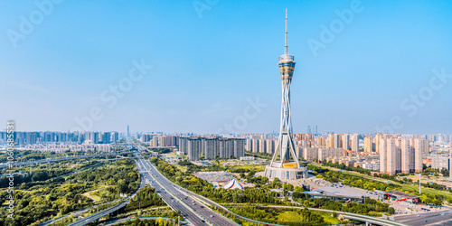 High view scenery of Zhongyuan Futa and overpass in Zhengzhou, Henan, China photo