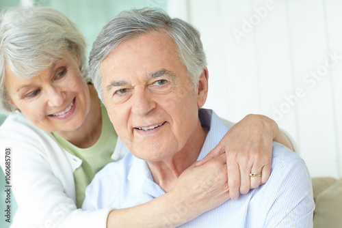 Relax, portrait and senior couple in home with smile for romantic connection on weekend together. Elderly man, woman and happy with love in house for retirement bonding, support and joy in marriage