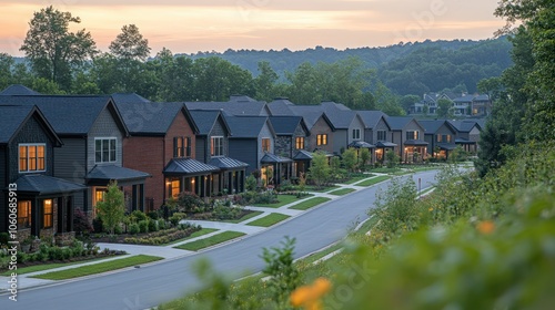 A detailed view of single-family homes in a new suburban development, shown on a white background.