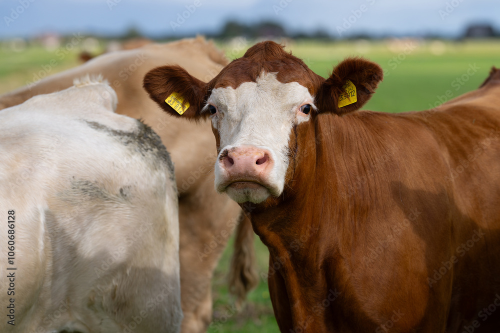 Cow at nature meadow. Cattle in green field. Cow in grassy pasture. Brown Cow close up portrait in the countryside. Cows graze on summer meadow. Rural cows. Cows in a pasture. Cows face closeup. Cow at nature meadow. Cattle in green field. Cow in grassy pasture. Brown Cow close up portrait in the countryside. Cows graze on summer meadow. Rural cows. Cows in a pasture. Cows face closeup.