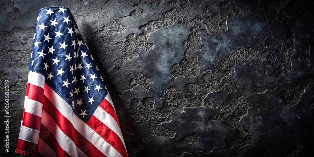 Obraz premium Patriotic Memorial Day Greeting Card with American Flag on Black Concrete Background for Honoring Heroes and Celebrating Freedom in USA