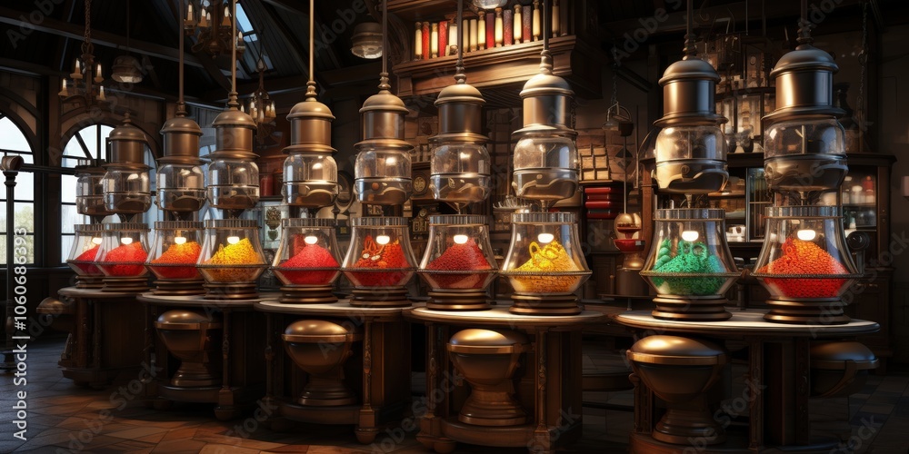 Ornate Dispensers Lined Up in a Row, Each Containing a Vibrant, Colored Powder, With a Warm, Rustic Backdrop Ornate Dispensers Lined Up in a Row, Each Containing a Vibrant, Colored Powder, With a Warm, Rustic Backdrop