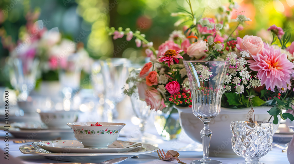 Elegant Table Setting: A beautifully set table for a party, wedding reception, or other festive events, featuring crockery, glassware, cutlery, and decorative flowers. Elegant Table Setting: A beautifully set table for a party, wedding reception, or other festive events, featuring crockery, glassware, cutlery, and decorative flowers.