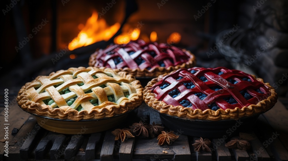 Rustic Homemade Pies with Golden Crusts and Vibrant Fillings, Nestled on a Weathered Wooden Surface Rustic Homemade Pies with Golden Crusts and Vibrant Fillings, Nestled on a Weathered Wooden Surface