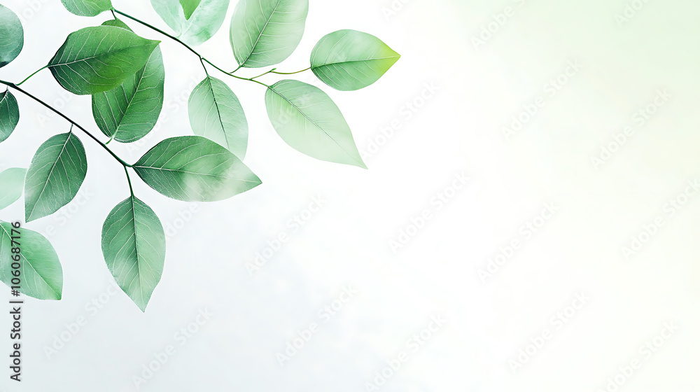 Delicate green leaves on soft background create serene atmosphere Delicate green leaves on soft background create serene atmosphere