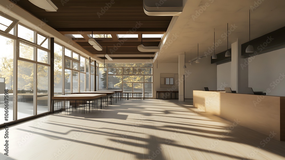 Obraz premium Modern Office Interior with Large Windows, Wooden Furniture, and Sunlight Streaming In