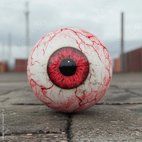 A large, red eye sits on a concrete surface, surrounded by an urban landscape.